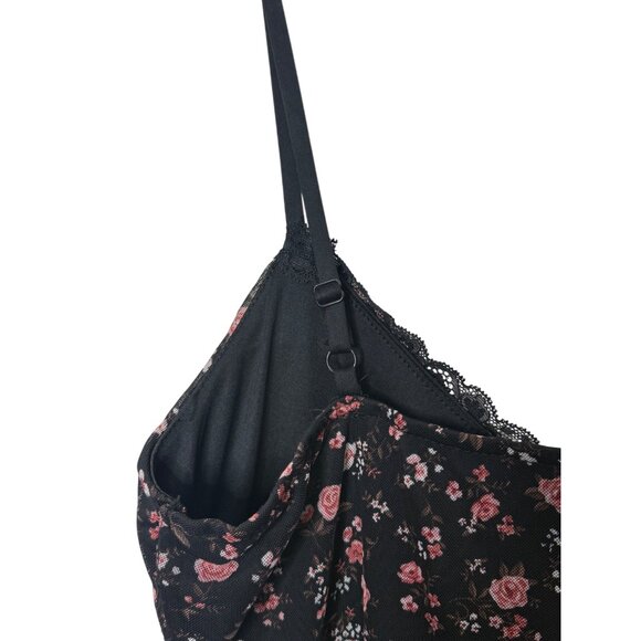 No Boundaries Y2K Babydoll Dark Floral Sheer Overlay Dress Built in Bra Size L - Picture 7 of 11